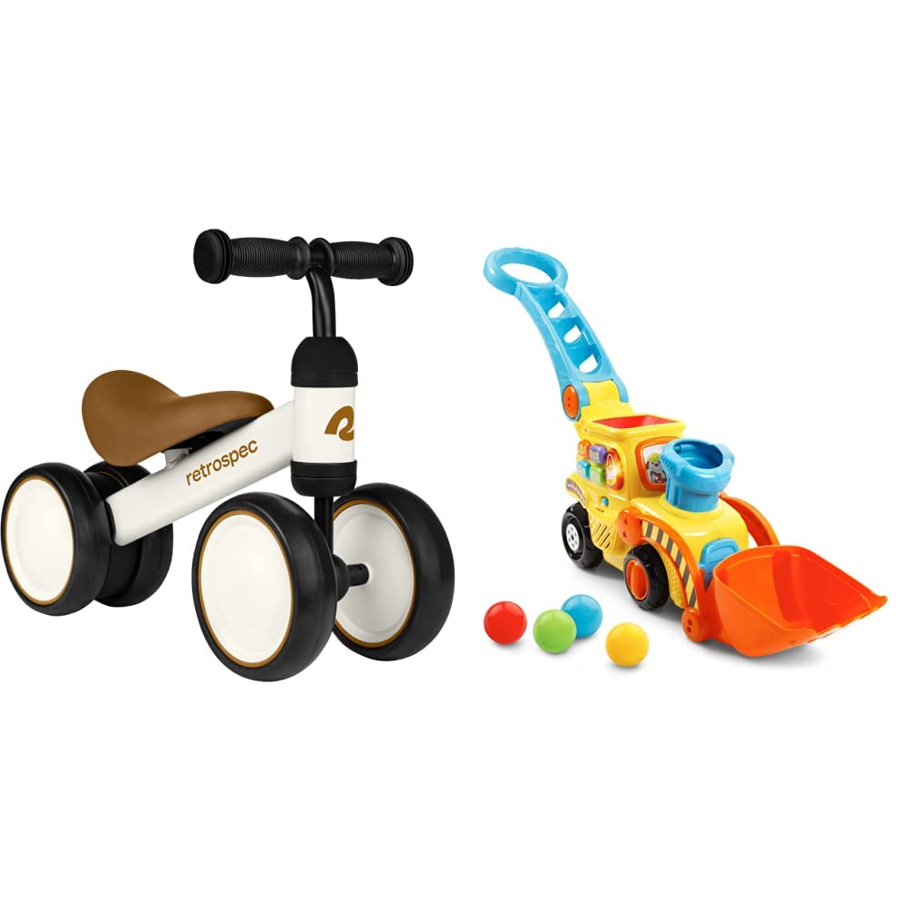 Retrospec Cricket Baby Walker Balance Bike with 4 Wheels for Ages 12-24 Months and VTech Pop-a-Balls Push & Pop Bulldozer, Yellow