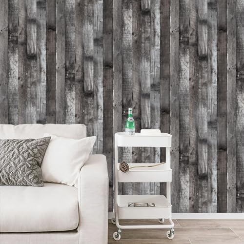 Peel and Stick Wood Wallpaper Grey/Black Vinyl 17.3"×1200" Contact Paper Self Adhesive Thick Waterproof Self Adhesive for Cabinets liveroom - color: Grey/Black, size: 17.3" x 1200"