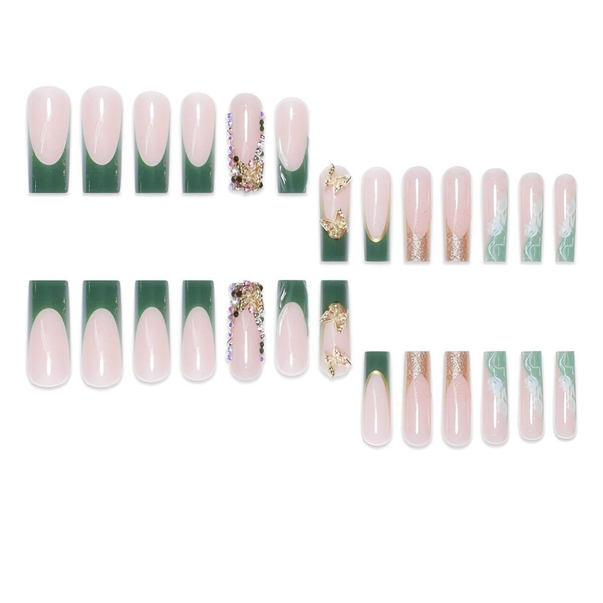 Rchovsam Long Press on Nails Square French Tip Fake Nails with Gold 3D Butterfly Designs False Nails Sparkly Artificial Stick on Nails for Women