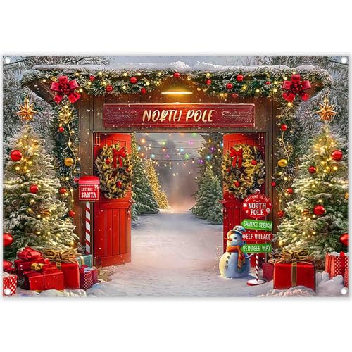7x5ft Fabric Christmas Backdrop Winter Forest Wooden Barn Door North Pole Snowy Xmas Tree Photography Background Family Holiday Party Decor Photo Props - size: 7'x5'