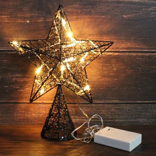 CVHOMEDECO. Black Tree Top Star with Warm White LED Lights and Timer for Christmas Tree Toppper Ornaments and Holiday Seasonal D??cor, 8 x 10 Inch