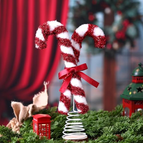 Gejoy Christmas Tree Topper Red Peppermint Candy Cane Bow Tree Topper 10.7 Inch Red and White Sparkling Candy Lollipop Xmas Toppers Christmas Ornament Decorations for Holiday Decor (Cute)