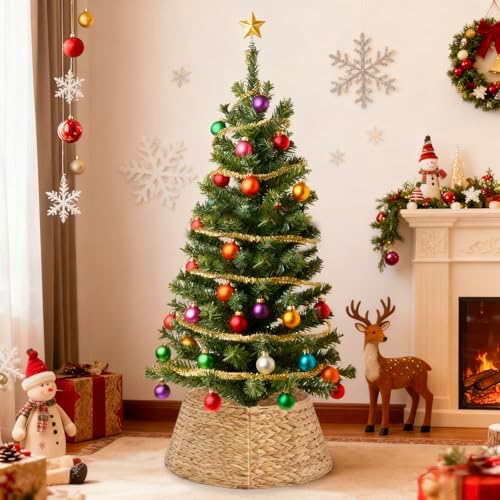 Sweetcrispy 36-inch Christmas Tree Collar for 8-11ft Trees, Woven Hyacinth Rattan 4-Panel Collar w/Cord Access Hole & Easy Lock Design, Handwoven, Natural