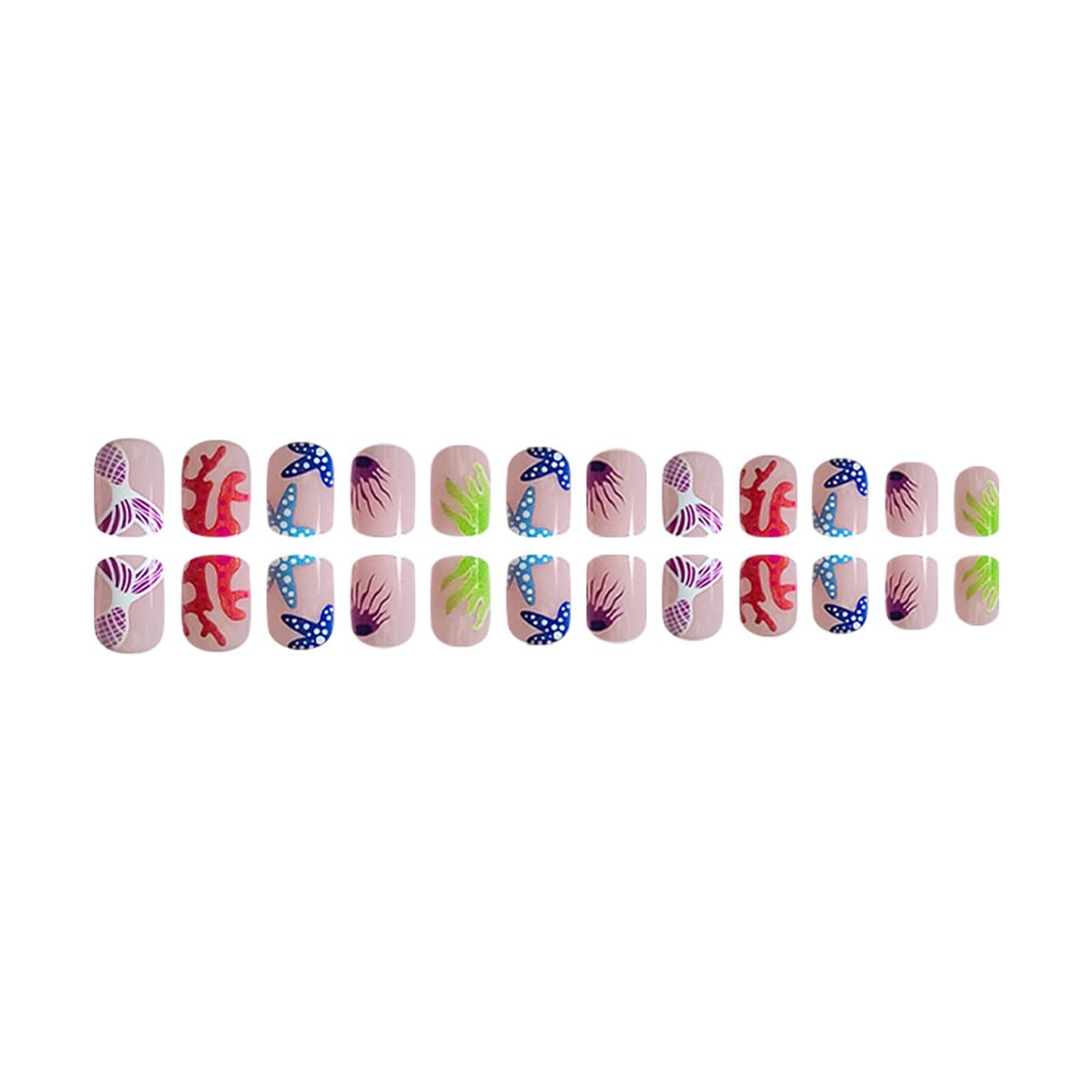 Beach Press on Nails Short Square Fake Nails Summer False Nails Press ons with Starfish Coral Mermaid Jellyfish Design Reusable Artificial Nails Full Cover Stick on Nails for Women Manicure 24 Pcs