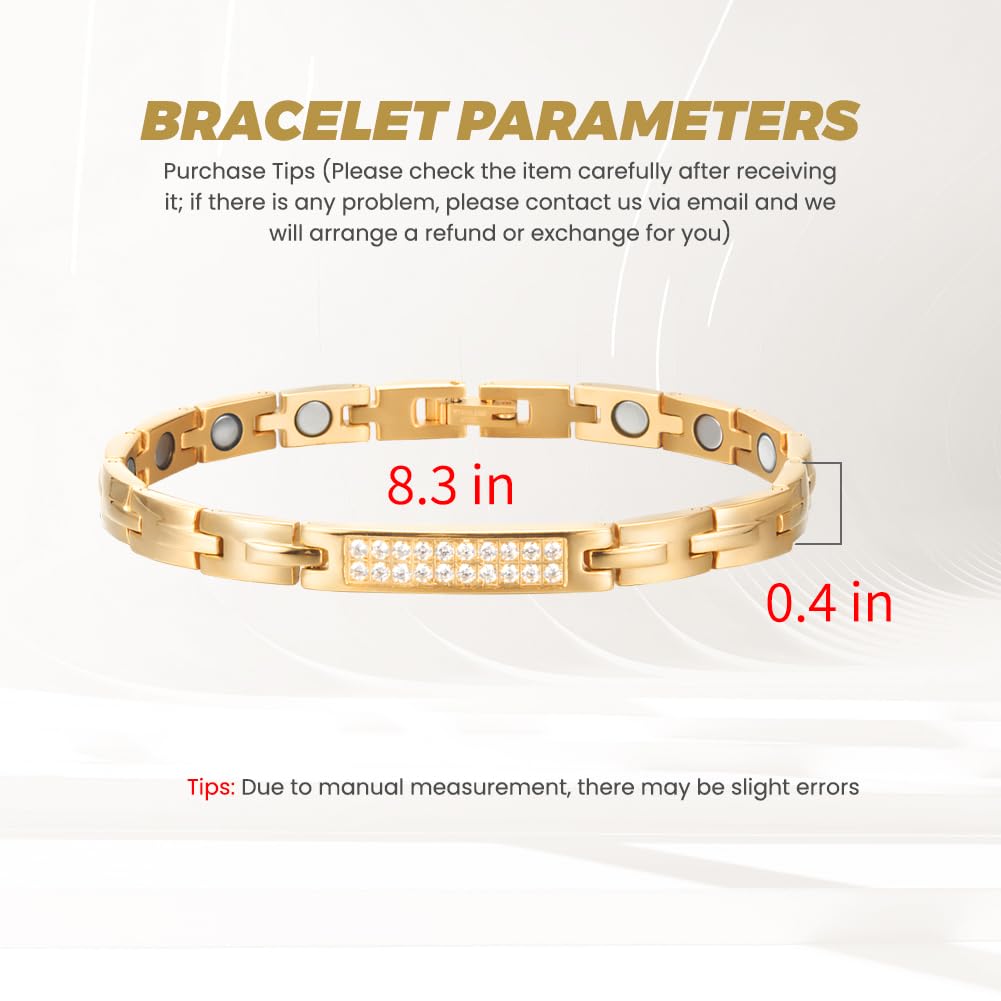 QIAOZILI Ultra Strength Magnetic Bracelet for Women, Stainless Steel Lymphatic Drainage, Magnetic Therapy, Adjustable Size, Gold