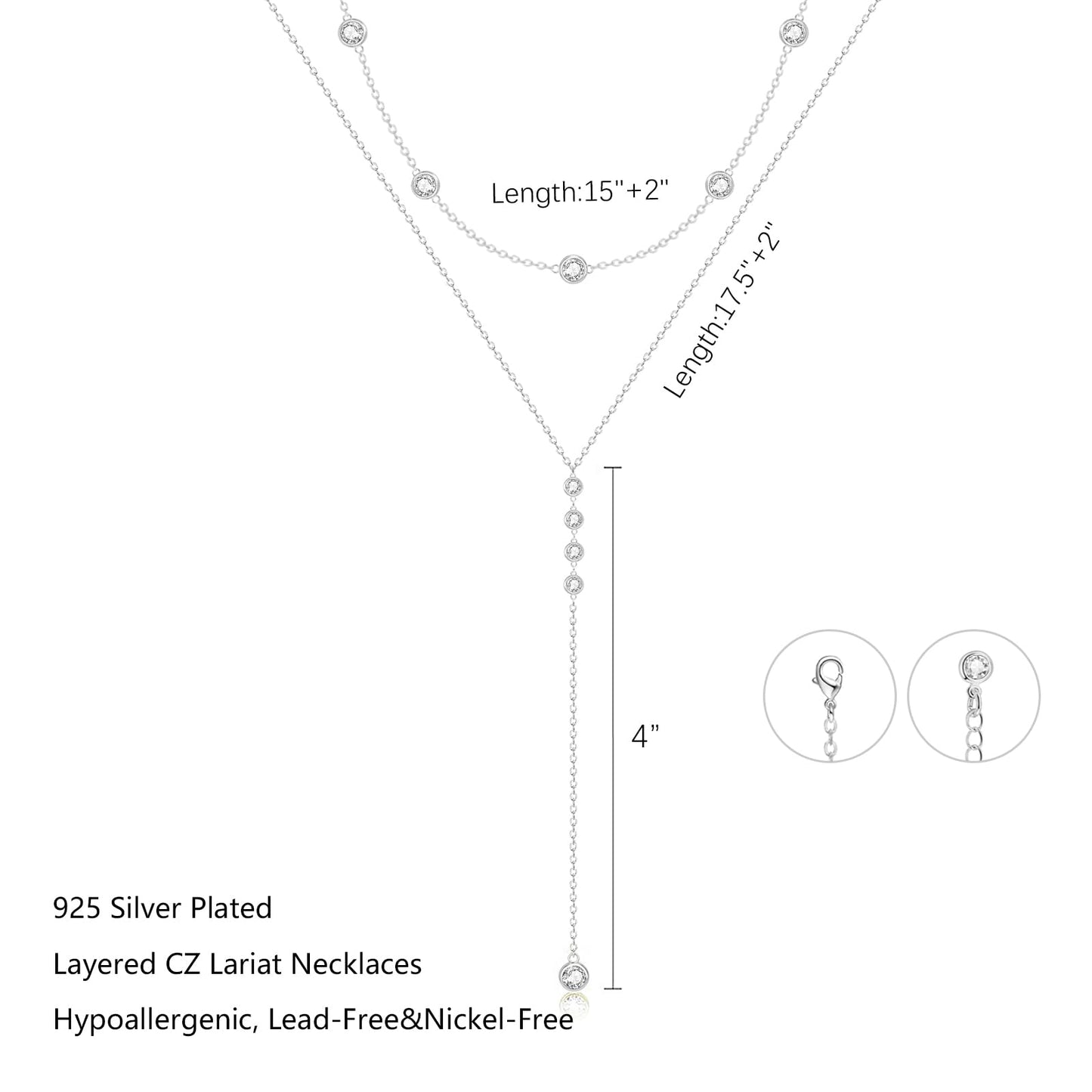 Airmb Long Silver Necklace for Women- Dainty Silver Drop Lariat Necklace Trendy Layered Simple CZ Y-Shaped Body Chain Stack Wedding Prom Dangle Statement Necklace Jewelry Gifts