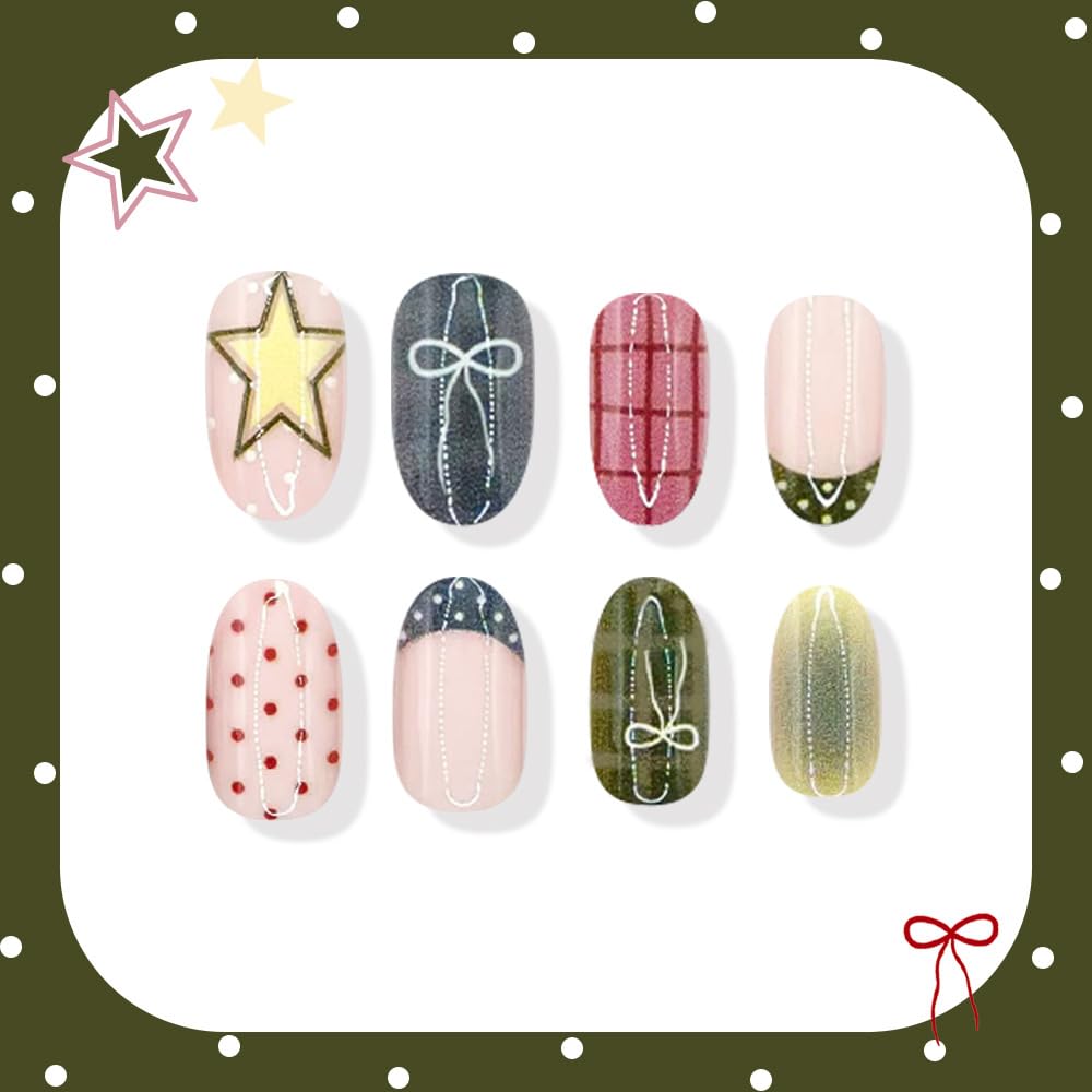 Star Polka Dot Press on Nails Short - Oval Fake Nails French Tip Bow False Nails with Plaid Designs Glossy Full Cover Glue on Nails Polka Dot Tip Nails Press ons for Women 24Pcs