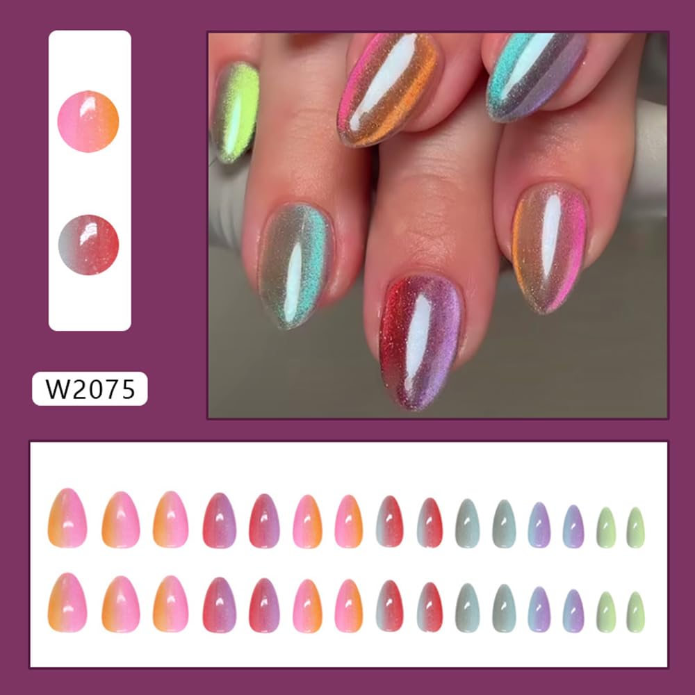 Almond Press on Nails Short Colorful Gradient Fake Nails Ombre Cat Eye False Nails Glossy Cute Dopamine Vitality Rainbow Glue on Nail Acrylic Nails Reusable Stick on Nail for Women Manicure 30Pcs