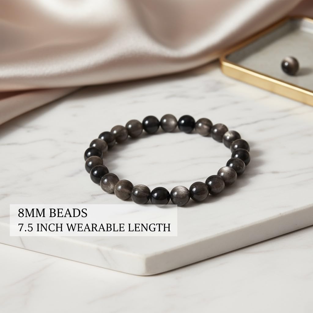The Vida Handmade AAA+ Quality Crystal Stretch Elastic Bracelet - Nature Gemstone - Jewelry Gift - Holiday Gift - For Women & Men (Silver Sheen Obsidian)