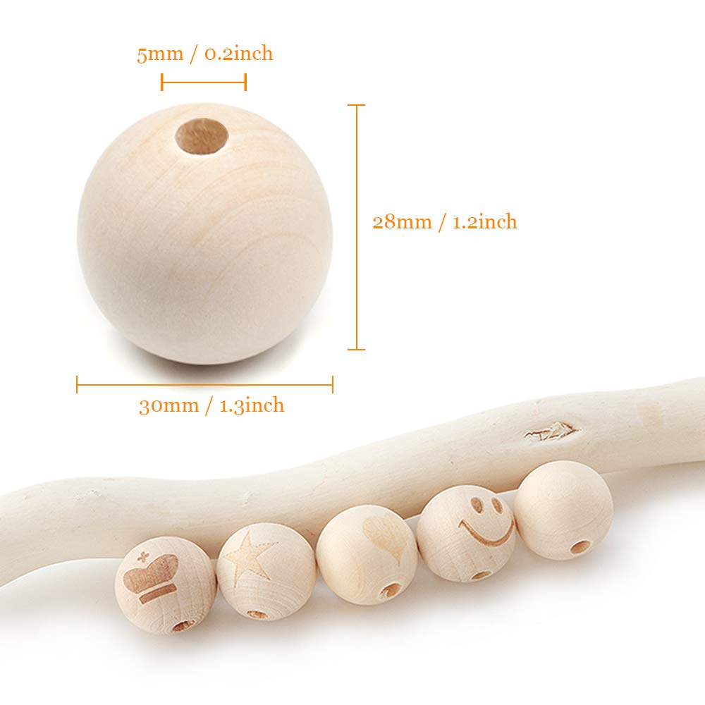 Hagao Natural Wood Beads Round Ball Wooden Loose Beads Unfinished Wood Spacer Beads for Craft-Making 20pcs (30mm)