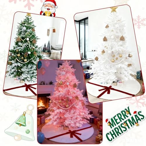 Christmas Tree Skirt 48 Inch, White Tree Skirt with Red Bow,Christmas Decorations,Xmas Tree Skirt for Home Party Holiday Indoor Outdoor Decorations (Large-48inch)