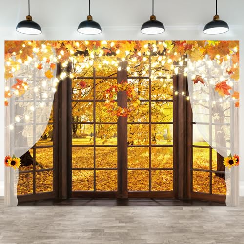 Hilioens 7x5ft Fall Windowsill Backdrop Autumn Forest Photography Background for Kids Photoshoot Maple Leaf Natural Scenery Banner Decoration Party Supplies Photo Studio Booth Props - size: 7x5ft