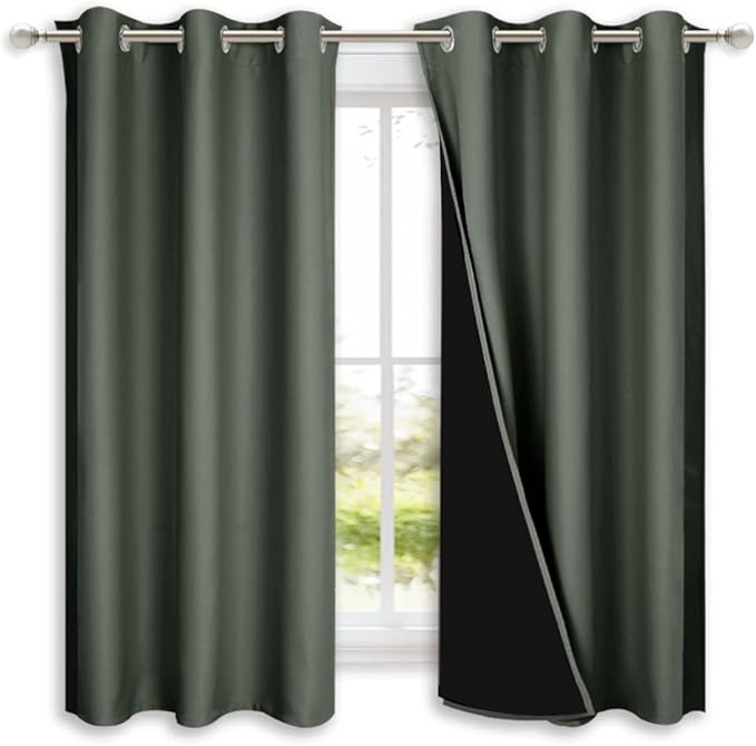 NICETOWN Dark Mallard 100% Blackout Lined Curtains, 2 Thick Layers Completely Blackout Window Treatment Panels Thermal Insulated Drapes for Kitchen (1 Pair, 42" Width x 63" Length Each Panel)