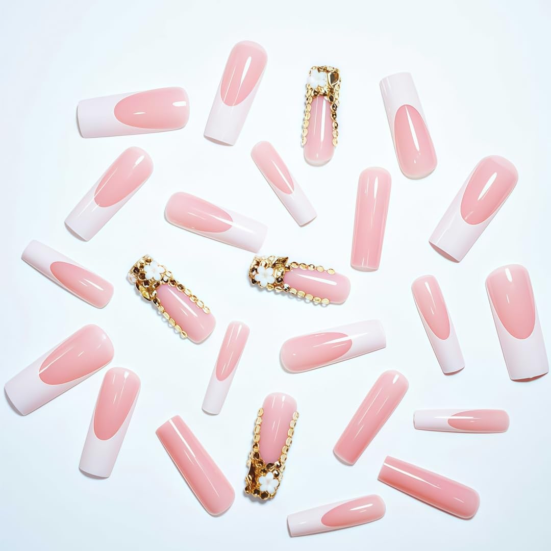 Long Press on Nails Square Fake Nails Gold Acrylic Nail Press Ons Seeneey French Designs Rhinestones Stick on Nail for Women 24pcs