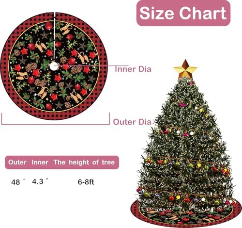 Yule Christmas Tree Skirt 48 Inch Pagan Christmas Tree Mat with Scandinavian Straw Goat Julbock Mistletoe Happy New Year Winter Xmas Tree Decor Christmas Party Decorations