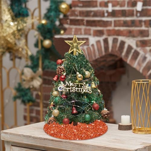 Orange Christmas Tree Skirt 21 Inch Fall Tree Skirt Sequin Velvet Tree Skirt Mini Xmas Tree Skirts Halloween Tree Decoration Glitter Christmas Tree Cover Skirt Mat for Holiday Christmas Tree Ornaments