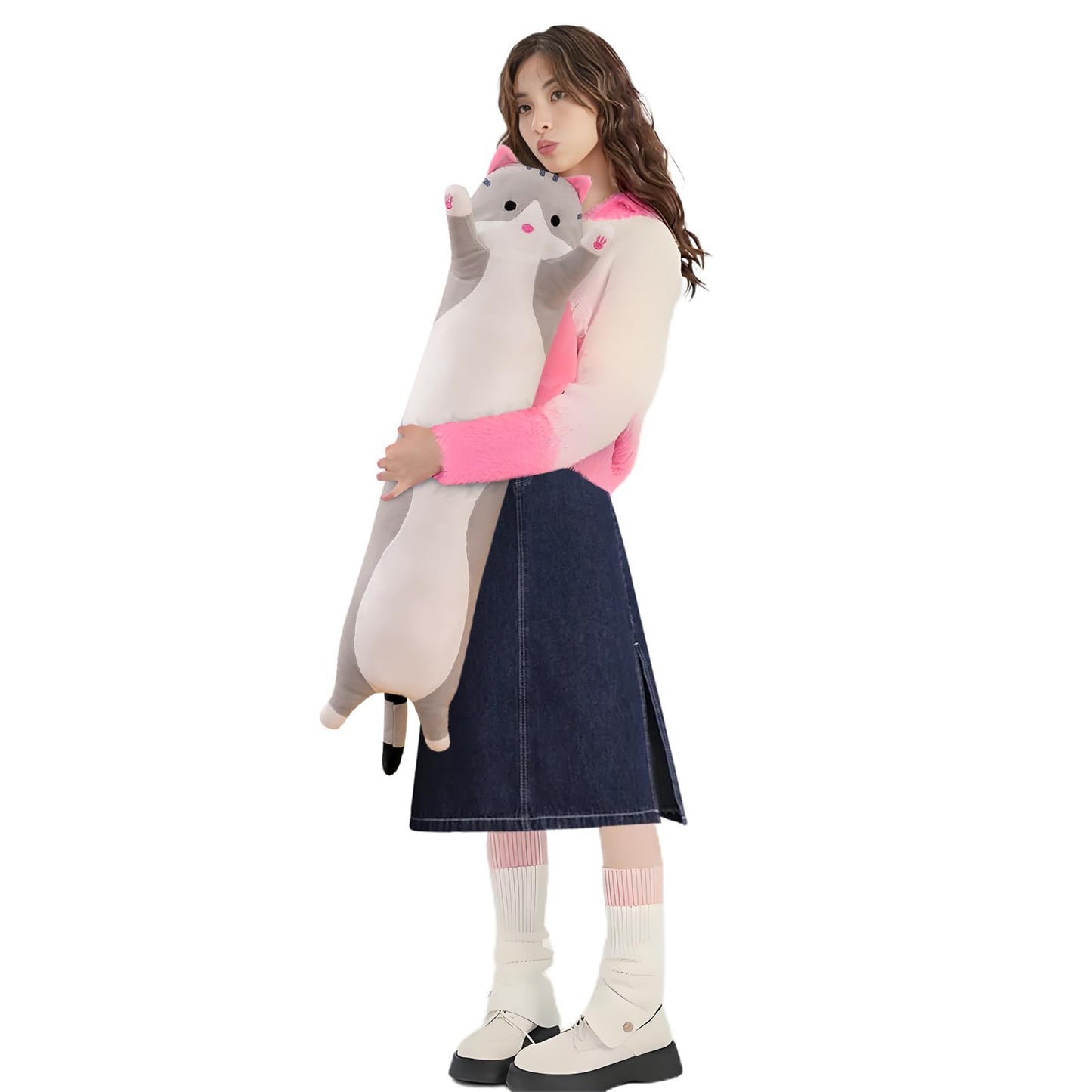 Lovely Plush Cat Doll Cute Cartoon Soft Stuffed Kitten Long Throw Sleeping Pillow Toy Gift for Kids Girlfriend Multiple Size (Grey,90cm/35.4in)