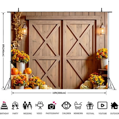 Fall Backdrop 10x8ft Thanksgiving Autumn Harvest Photography Backdrop Pumpkin Maple Leaves Barn Door Background for Friendsgiving Studio Party Banner Photo Booth Props