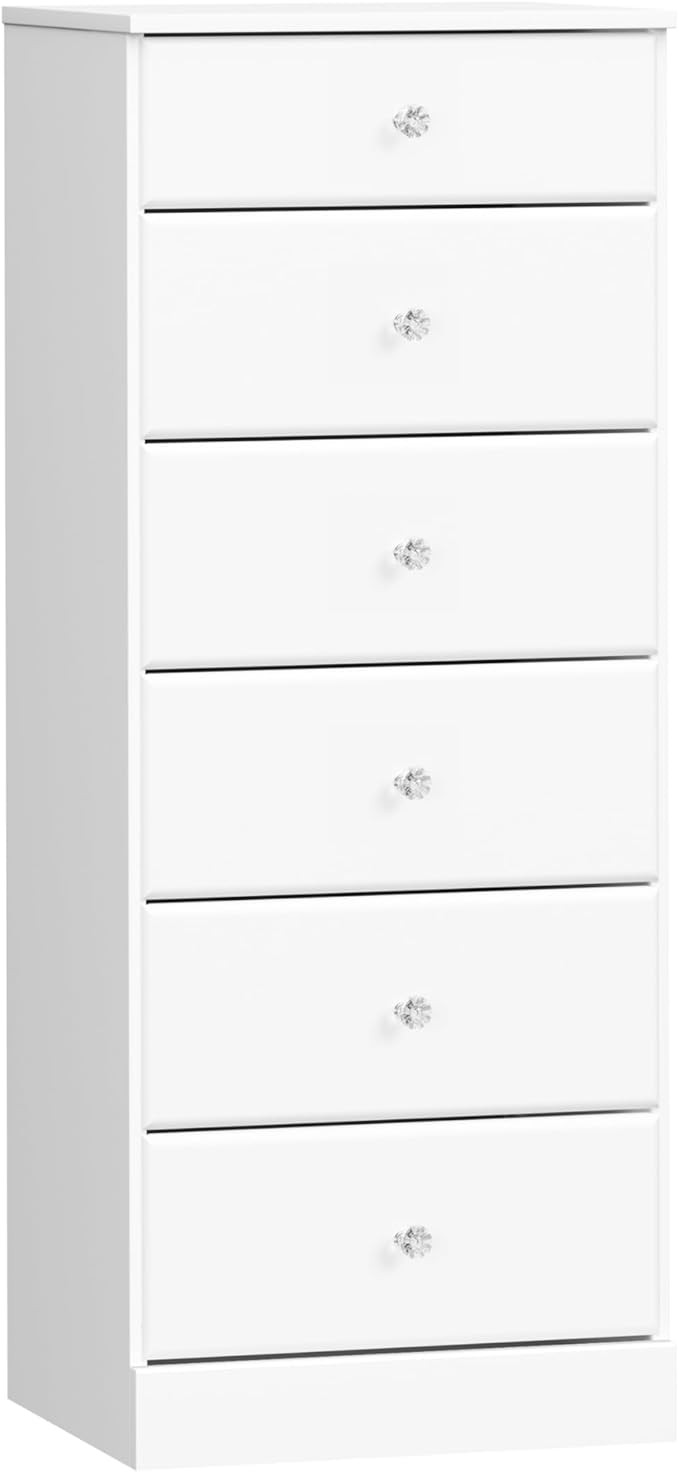 Prepac Astrid Simplistic 6-Drawer Tall Dresser for Bedroom, Functional Chest of Drawers with Acrylic Knobs, 16.5"D x 19.75"W x 50"H, Crystal White