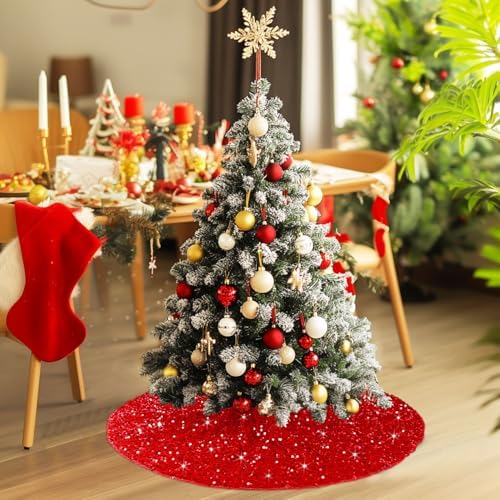 Red Christmas Tree Skirt Glitter Sequin Tree Skirt 36 Inch Red Christmas Tree Decorations Sparkly Tree Skirts Collar Luxury Velvet Tree Skirts for Xmas Tree Holiday Decorations