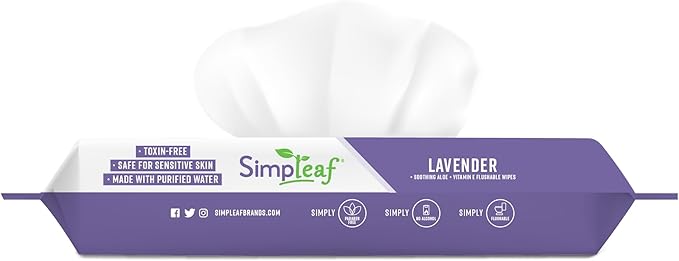 Simpleaf Flushable Wet Wipes Lavender | Plastic Free, Paraben & Alcohol Free | Hypoallergenic & Safe for Sensitive Skin | Soothing Aloe Formula | Adult Toilet Wipes (12 x 50 Counts Pack) 600 Counts