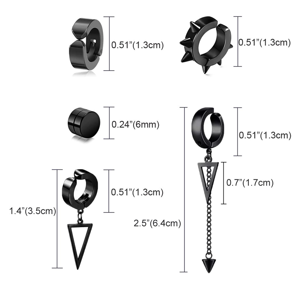 5 Pairs Black Stainless Steel Non-Piercing Spike Rivet Geometric Triangle Dangle Tassel Clip on Hoop Earrings Set for Women Men, Non Pierced Fake Ear Clip Stud Earrings