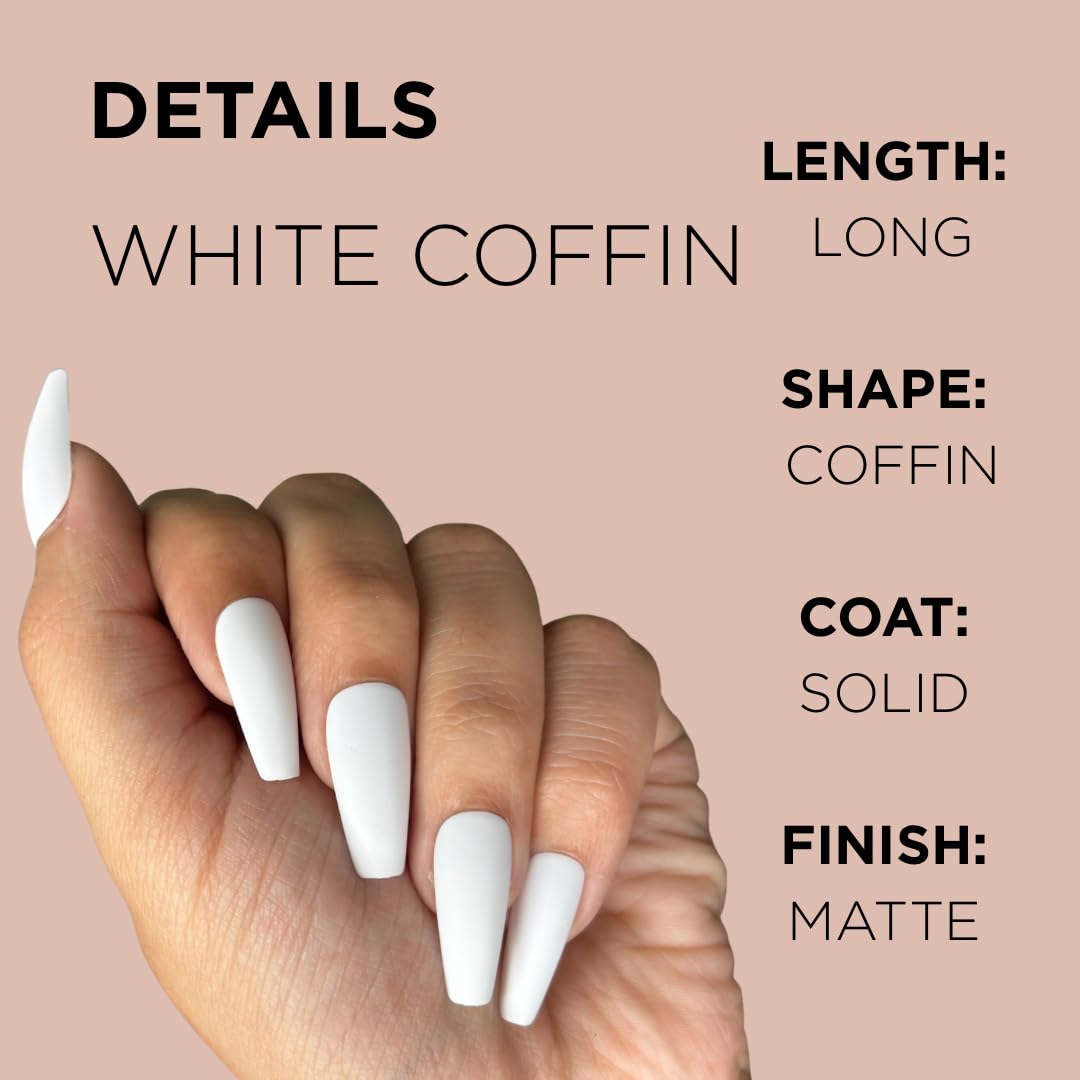 WHITE COFFIN Press-On Nails by Lavaa Beauty | Long Coffin | Matte White Coffin Nails