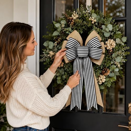 2 Pcs Black and White Striped Burlap Wreath Bows, Large Farmhouse Hanging Bows with Wired Edge, Decorative Bow for Front Door Wreath, Porch, Wall, Stair Rail, Halloween, Wedding, Christmas Decor