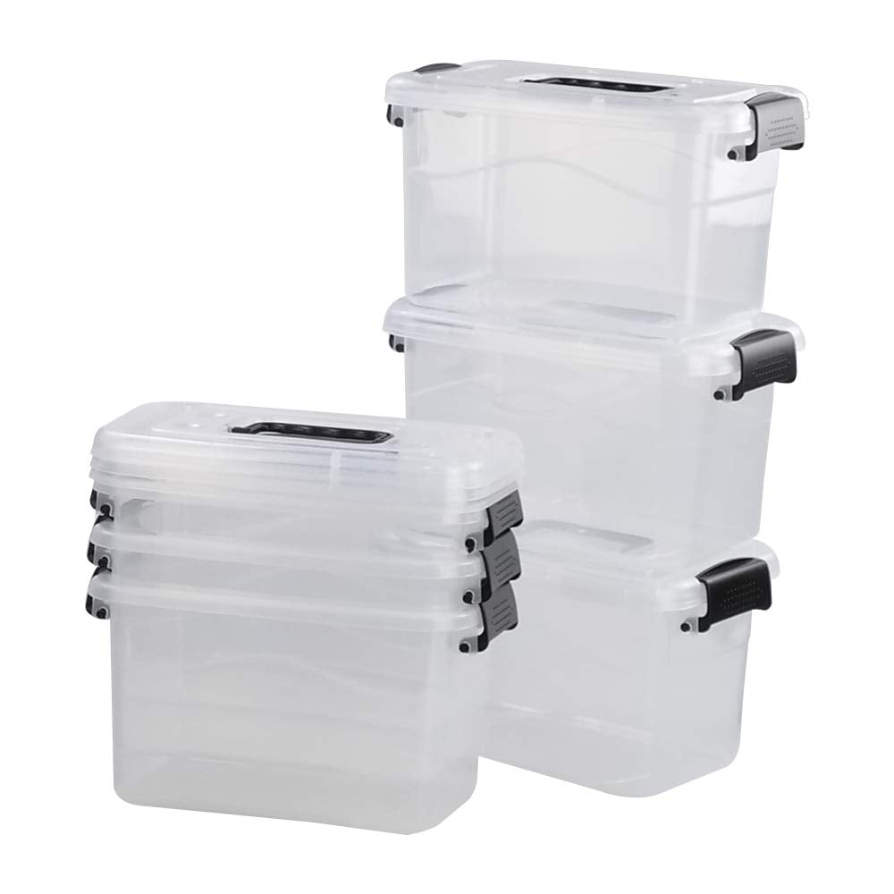 Doryh 5 L Plastic Storage Bin with Lid, Clear Transparent Box With Black Handles Set of 6