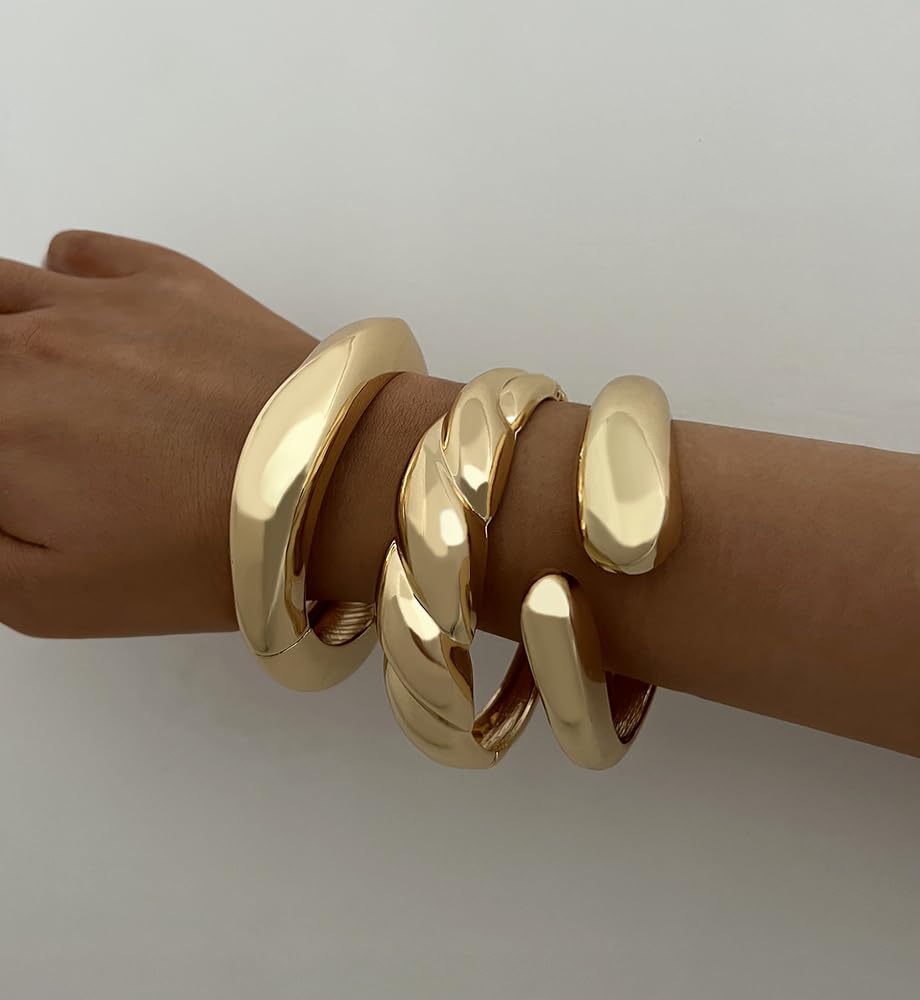 Chunky Gold Bangle Bracelets for Women, Dainty 14k Gold Plated Big Stackable Bangles Set, Trendy Cuff Bracelet Stack Fashion Jewelry Gifts (A4-gold)
