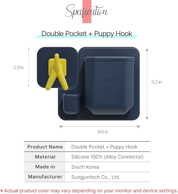 Silicone Wall Mounted Organizer - Made in Korea, BPA Free - Storage with Hook - Bathroom and Living Room, Remote Control & Shower Caddy (Puppy Hook(Navy), Poket Holder(Navy))