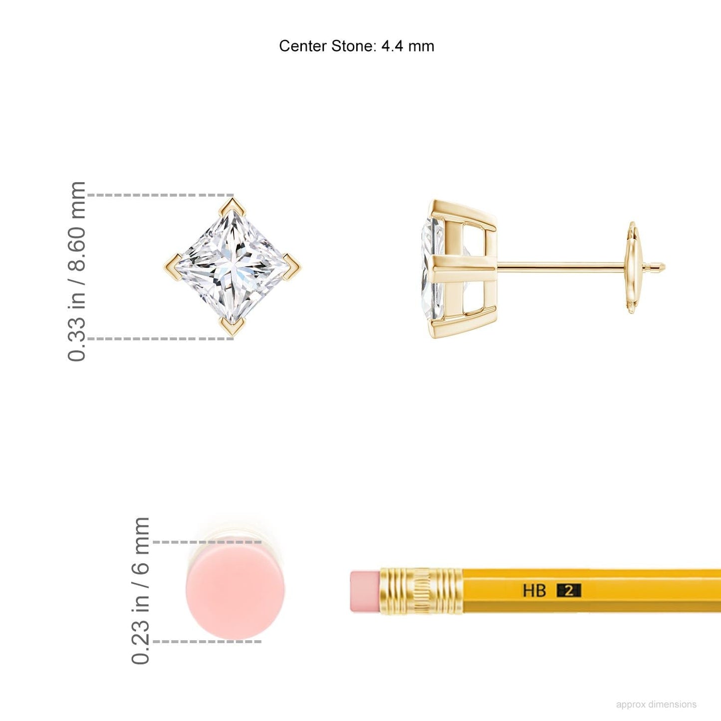 Princess-Cut Lab-Grown Diamond Stud Earrings V-Prong Set 14K Solid Gold (1 carat, 4.4mm, Color-H, Clarity-SI2)