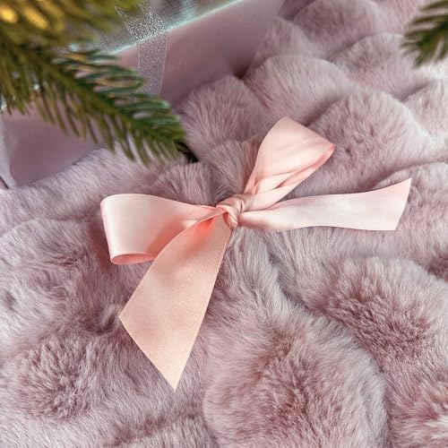 36-Inch Puff Quilt Faux Fur Christmas Tree Skirt, Soft Plush Tufted Texture with Satin Ribbon Ties, Baby Pink
