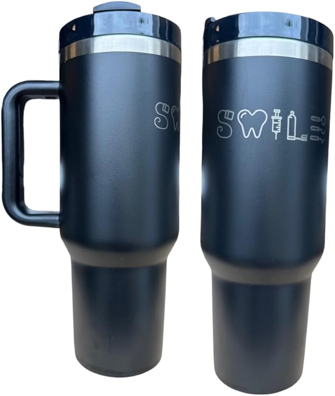 Dental hyginiest tumbler 40oz tumbler Tooth tumbler Dental water bottle Gift for dentist Gift for dental hyginiest Office gift (Black-Smile)