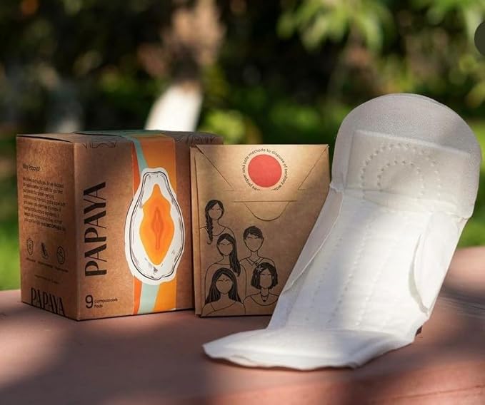 Papaya Safe and Compostable Menstrual Pads for Women - Pack of 2 Boxes (18 Pads), Combats Rashes and Odors, Biodegradable, Leakproof, No Fragrance, Wide, Soft Wings Large - 280mm x 75mm