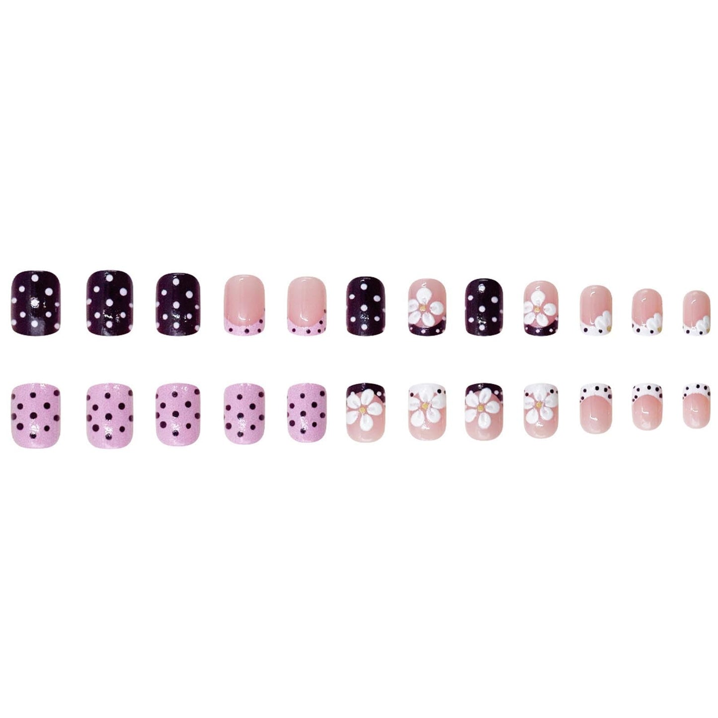 French Tip Press on Nails Short Square Fake Nails with Polka Dots Flower Designs Cute Nails Press ons Pink Brown White Glue on Nails Spring False Nails Summer Stick on Nails for Women 24Pcs