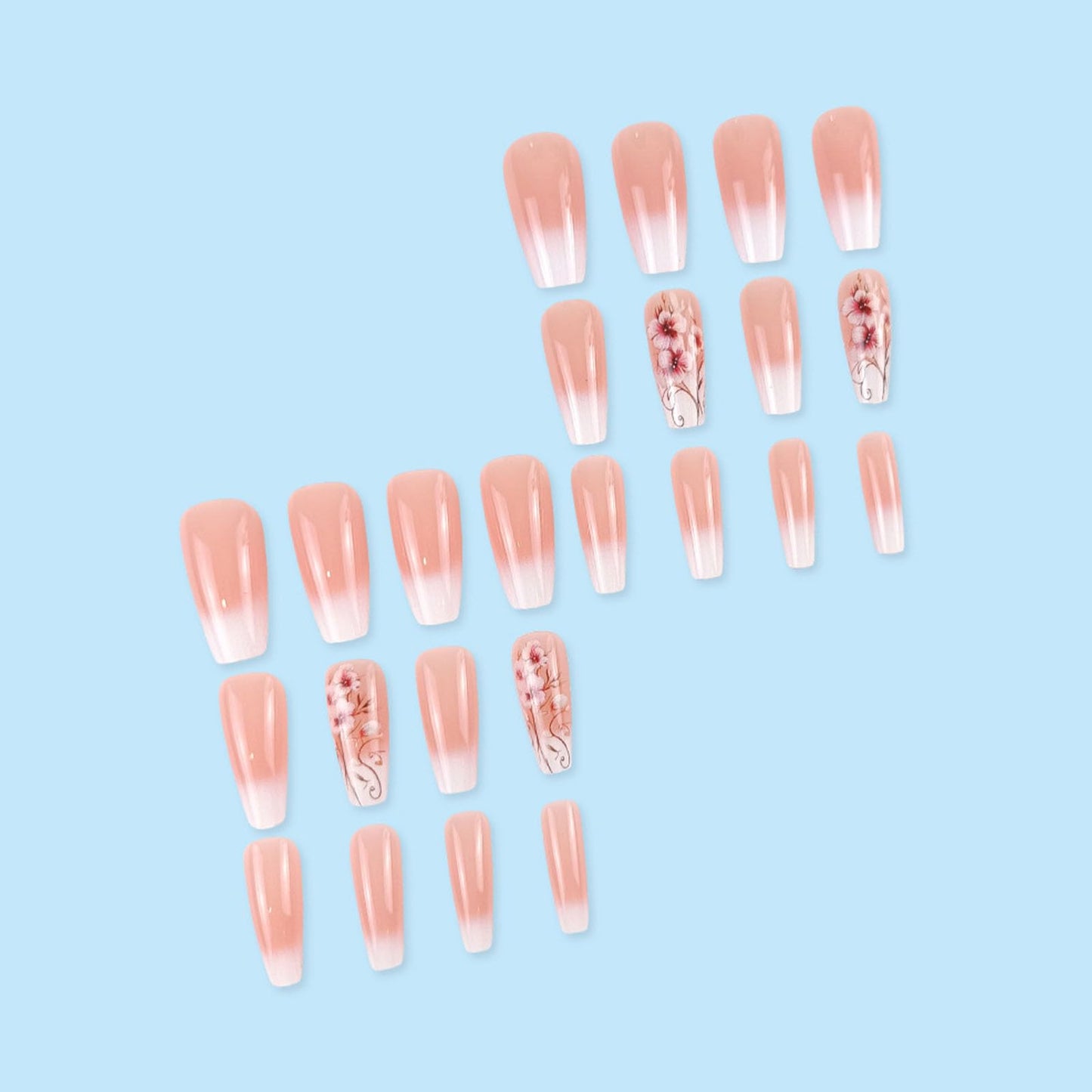 Ombre Press on Nails Medium Fake Nails with Flower Designs Gradient Acrylic Nails Press ons Glossy False Nails Pink Ombre Coffin Glue Stick on Nails for Women 24 Pcs