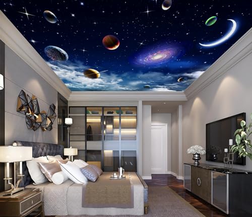 Galaxy Planet Wallpaper Blue Sky Stars Moon Ceiling Wall Mural for Living Room Bedroom（Not Peel and Stick） - color: CYBH-909, size: 91" x 60"