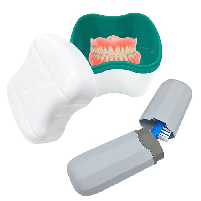 Denture Case Kit with 2 Bath Cups, 2 Brushes & 2 Portable Toothbrush Boxes, Retainer Cleaning Boxes with Lid