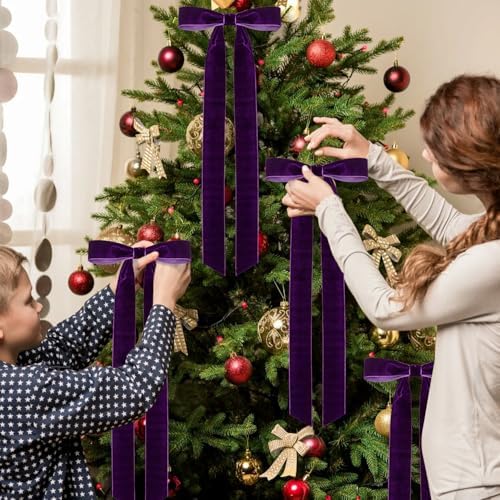 Velvet Bows for Christmas Tree Pack of 4 Large Rustic Crafts Gift Wreath Bow Ornaments for Xmas Topper Staircase Home Wedding Outdoor Interior Decor, 2" Width, 23 x 8.7 Inch (4, Purple)