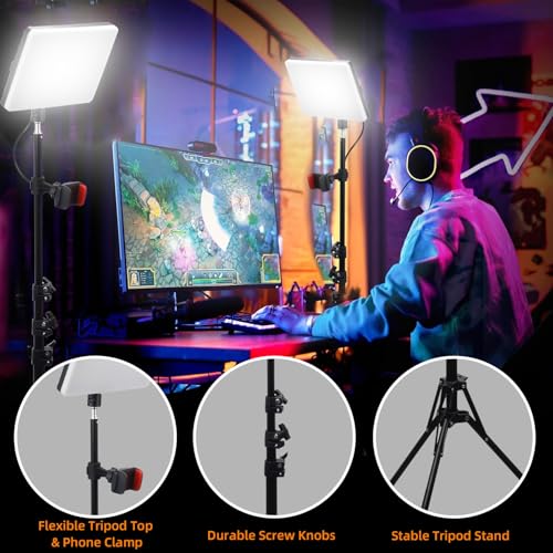2-Pack LED Video Light Panel, 2700K-7500K Bi-Color Dimmable Photography Lighting Kit with 60" Tripod Stands & Phone Holders, CRI 95+ Studio Lights for Streaming, YouTube, TikTok, Zoom