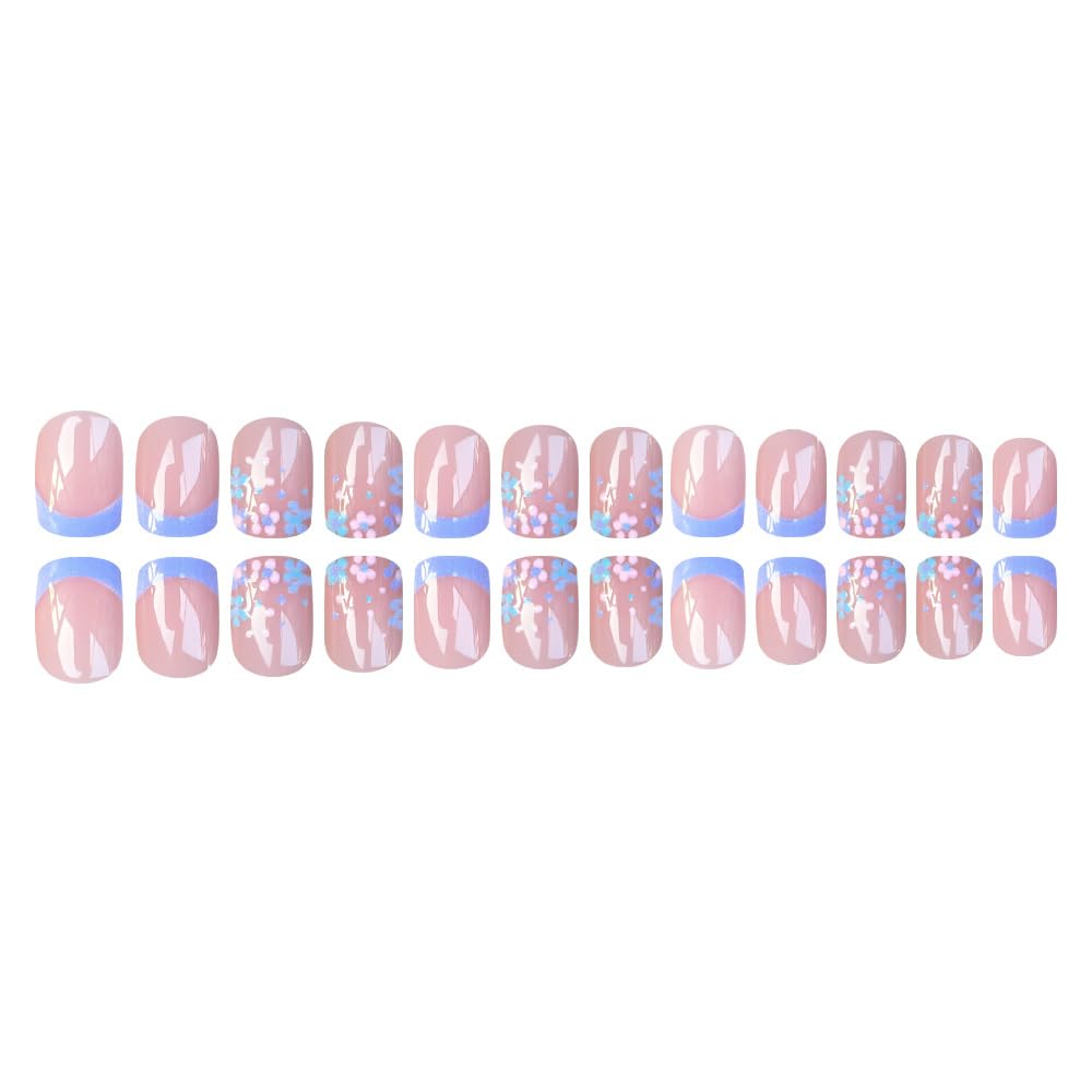 French Tip Press on Nails Short Square Fake Nails Flower False Nails Spring Floral Acrylic Nails Reusable Full Cover Stick on Nail for Women