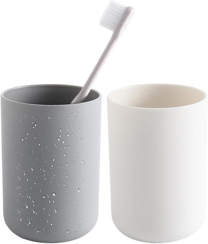 Plastic Toothbrush Cup - Bathroom Toothbrush Holder for Toothbrushes, Holders & Cups, 11 OZ (White&Grey), Bathroom Holder