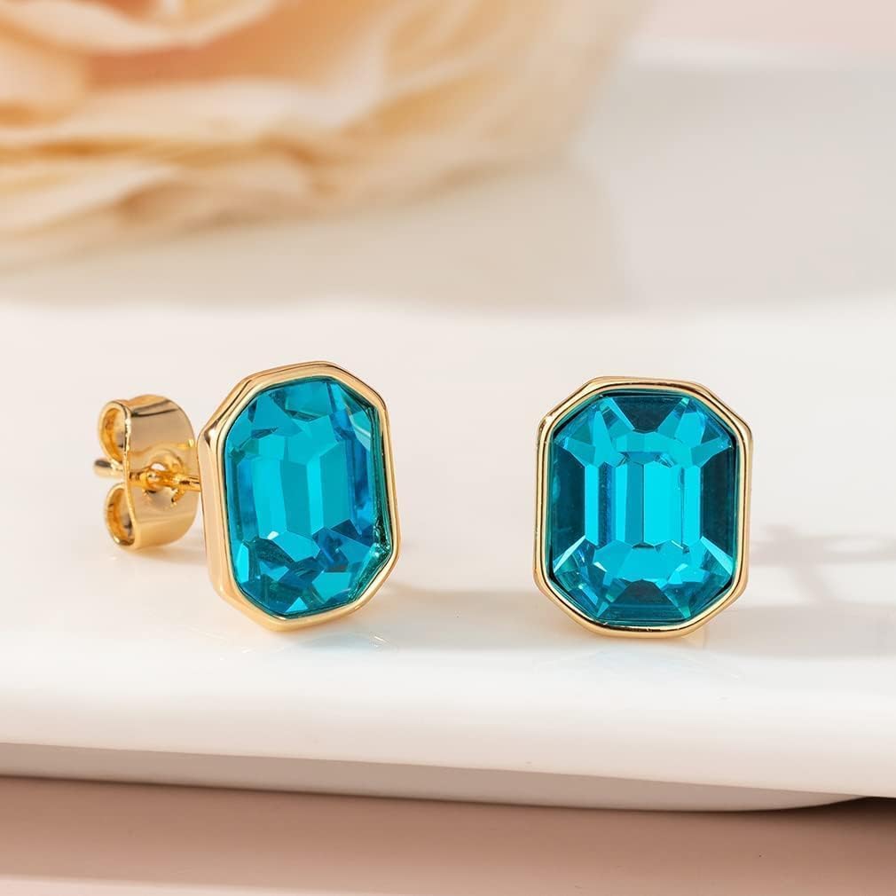 Austrian Crystal Octagon Stud Earrings for Women Fashion 925 Sterling Silver Post Hypoallergenic Jewelry (Blue Zircon)