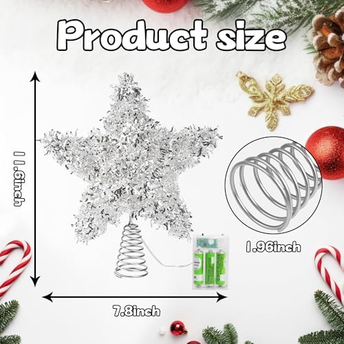 Christmas Tree Topper Star Silver Tinsel Star Tree Topper 10 Inch Lighted Tree Topper Battery Operated Christmas Tree Decoration for Holiday Indoor Decoration Warm White Light