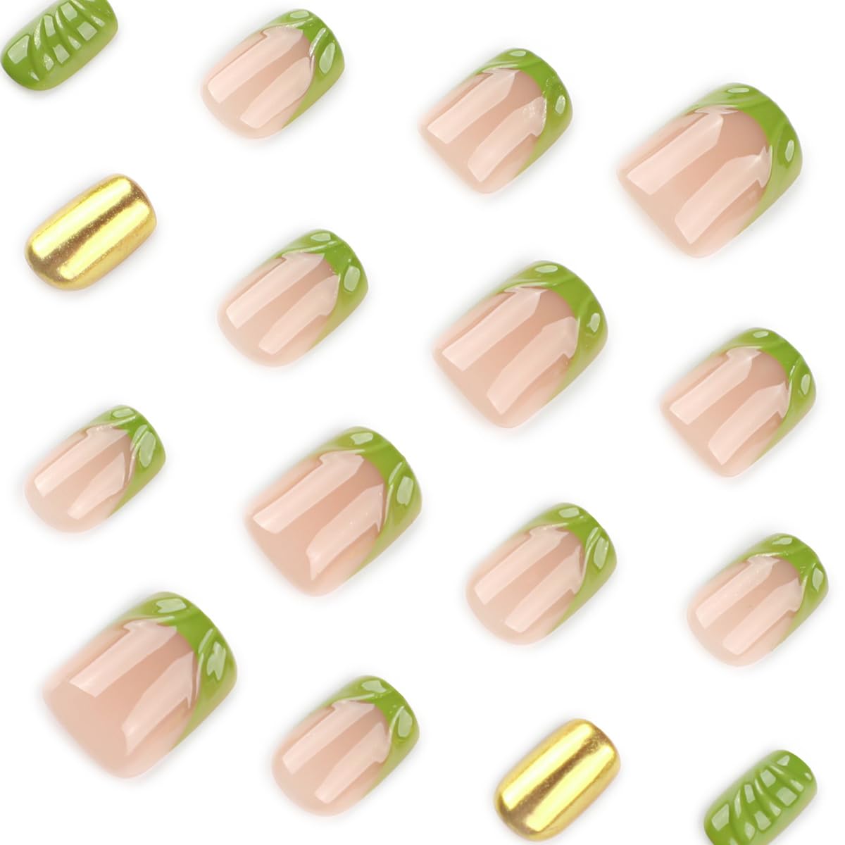 Lime Green Chrome Press on Nails Short Square Fake Nails Spring Summer Nail Press ons with Design Green French Full Cover Stick on Nails for Women Manicure,Reusable | Glue Tabs | Easy Apply | 24Pcs