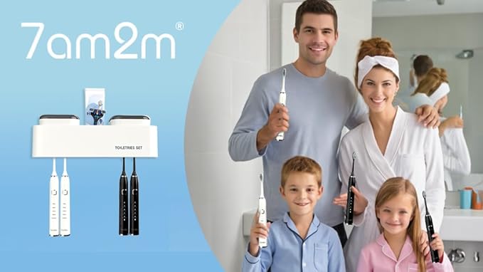 7AM2M Toothbrush Holders for Bathrooms,2 Cups Bathroom Organizer with Secure Hook - Stylish Wall Mounted or Desktop Use,Bathroom Organization and Storage,4 Toothbrush Slots, (White)