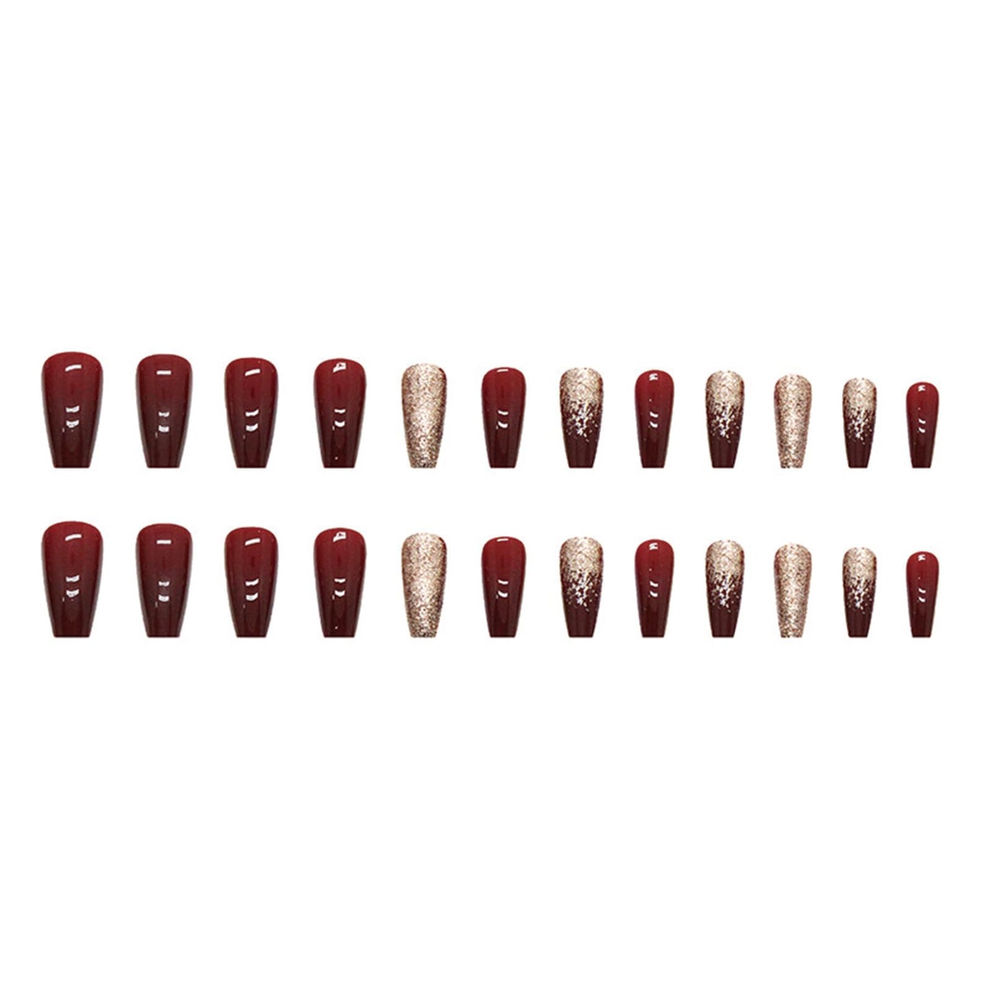 SINHOT Red Press on Nails - Medium Coffin Glossy Glue on Acrylic Gold Glitter Ballerina Artificial Stick on False Nails with Design - 24 pcs