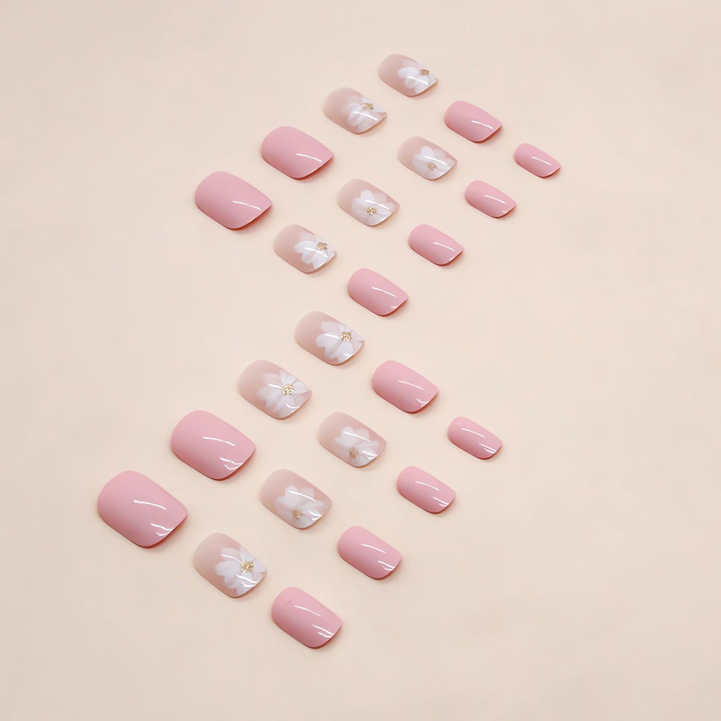 Flower Press On Nails - Glossy Pink Nails with White Flowers Designs - Cute Short Acrylic Nail Kit - 24Pcs