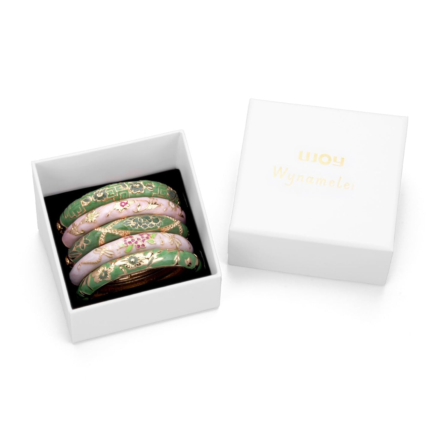 UJOY Bangles 5 Pcs Enamel Jewelry Set Rose Flower Engraved Cloisonne Bracelets Pack in a Box 5PCS Green Pink